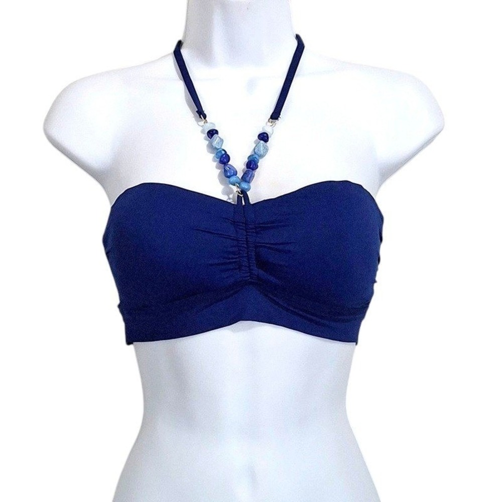 Lauren Ralph Lauren Bikini Top 4 Blue Stone Beaded Bandeau Halter Boho Beachwear